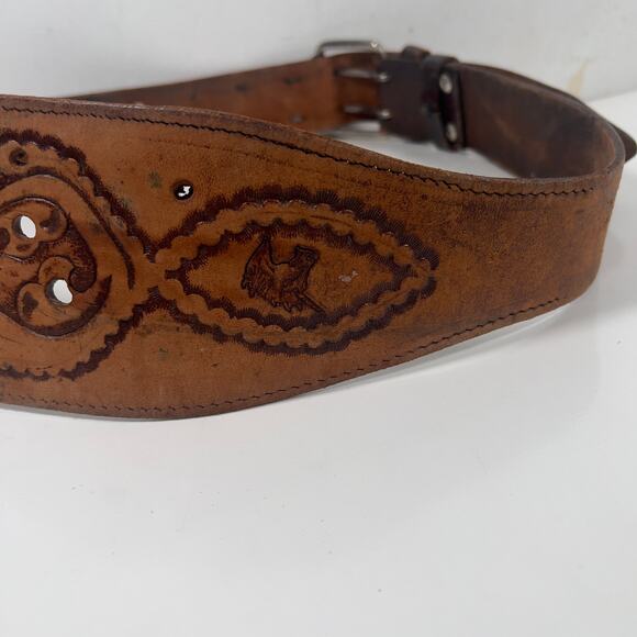 Wide Stamped Tooled Cut-out Vintage Leather Western Boho Belt Horseheads - Picture 9 of 16